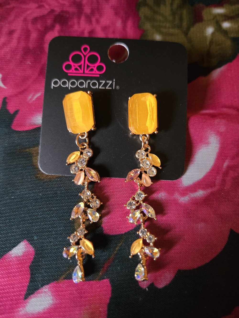 paparazzi Gold Orange Dangle Earrings with Crystal Leaf Accents